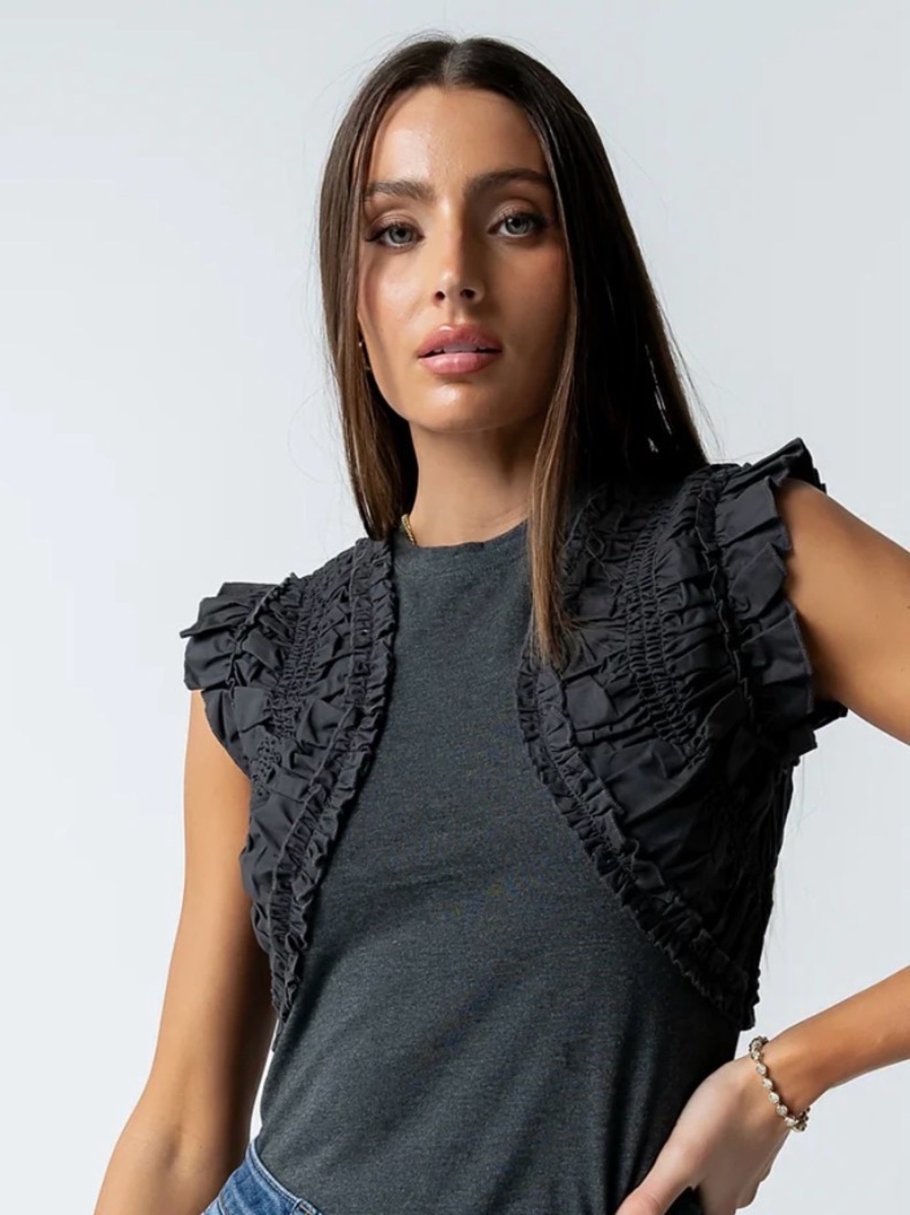 bohme Black Ruffle Sleeveless Bolero Top - Picture 2 of 9